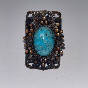 Vintage Turquoise Brass Statement Ring - Adjustable Filigree Band